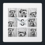 8 Photo Collage Custom Monogram Black and White Quadratische Wanduhr<br><div class="desc">You can use Instagram photos for this design. Use 8 square photos to create a unique and personal gift. Or you can keep the hipster puppy and make a trendy keepsake. If you need to adjust the pictures,  click on the customize tool to make changes.</div>