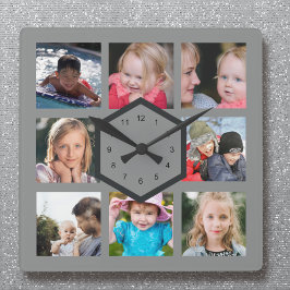 8 Photo Collage Gray Square Wall Clock Quadratische Wanduhr