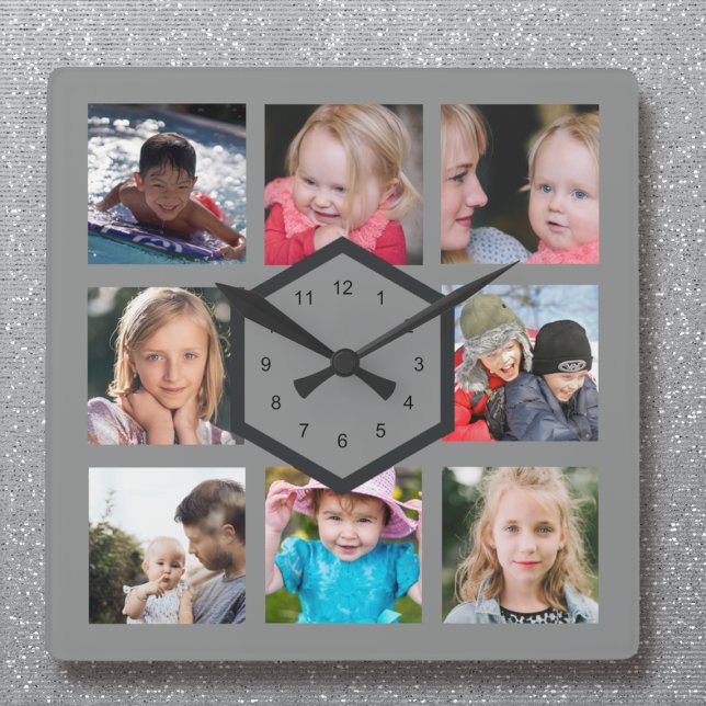 8 Photo Collage Gray Square Wall Clock Quadratische Wanduhr (Von Creator hochgeladen)
