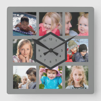8 Photo Collage Gray Square Wall Clock Quadratische Wanduhr