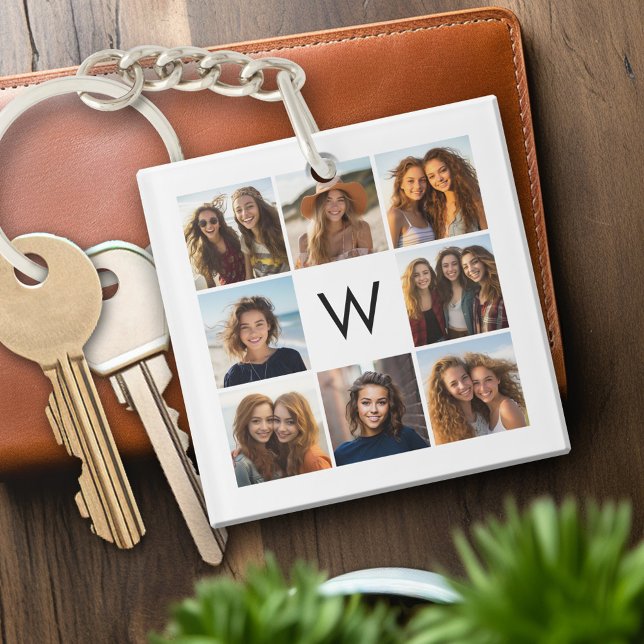 8 Photo Collage personnalisé Monogramme noir et bl (Personalized keychain with photo collage and monogram)