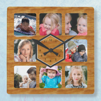 8 Photo Collage Wood Color Quadratische Wanduhr