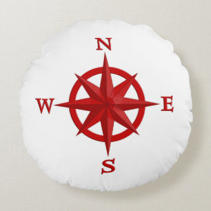 8-Punkte-Compass-Rose, tiefrot und weiß Rundes Kissen