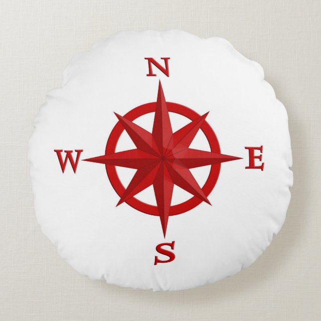 8-Punkte-Compass-Rose, tiefrot und weiß Rundes Kissen (Vorderseite)