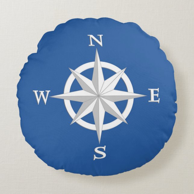 8-Punkte-Compass-Rose, Weiß und Cobalt Blue Rundes Kissen (Vorderseite)