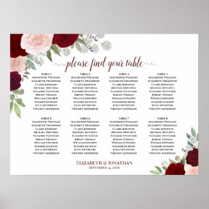 8 Tabelle — Burgund, Rot und Rosa — Sitzkarte Poster