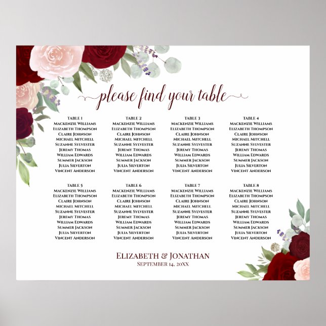 8 Tabelle — Burgund, Rot und Rosa — Sitzkarte Poster (Vorne)