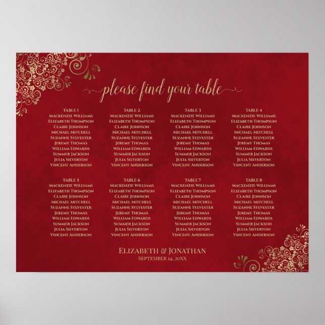 8 Tabelle Red & Gold Lace Wedding Seating Chart Poster (Vorne)