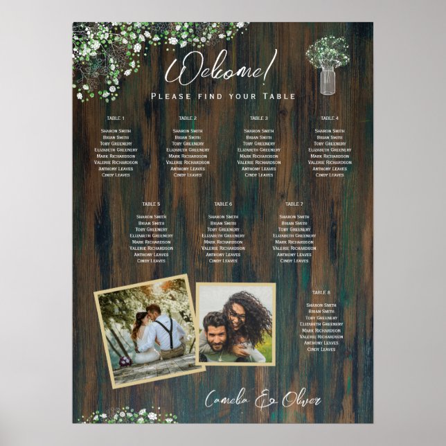 8 Tabelle Rustikales Holz Gypsophila FOTO SITZENDE Poster (Vorne)