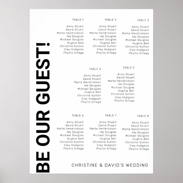 8 Tabellen Einfache White Wedding Chart Poster (Vorne)