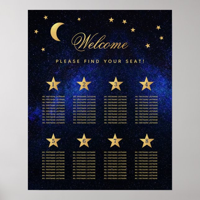 8 Table Blue Gold Celestial Seating Chart Poster (Vorne)