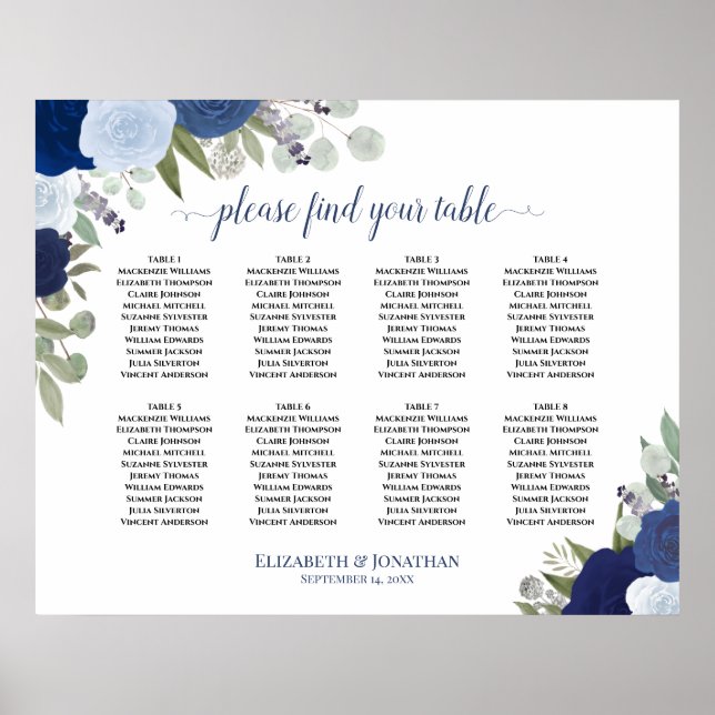 8 Table Blue Rose Elegantes Hochzeitssessendiagram Poster (Vorne)