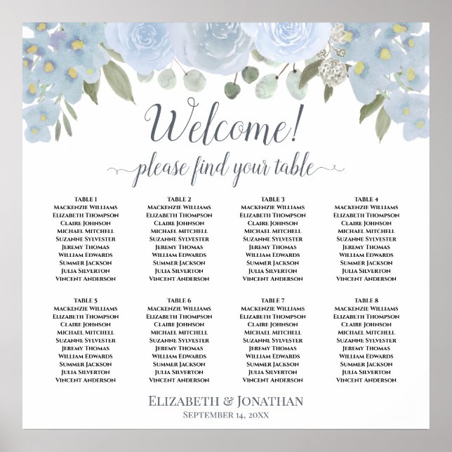 8 Table Wedding Seating Chart Dusty Blue Boho Rose Poster (Vorne)