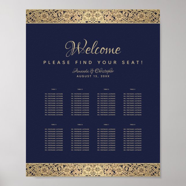 8 Tables Navy Blue Wedding Chart Gold Rose Poster (Vorne)