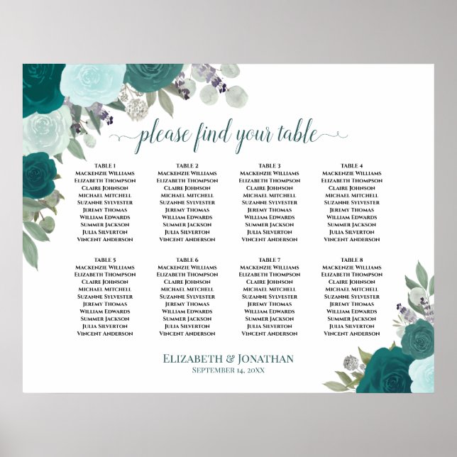 8 TafelAquamarine Rose Elegantes Hochzeitsstift Poster (Vorne)
