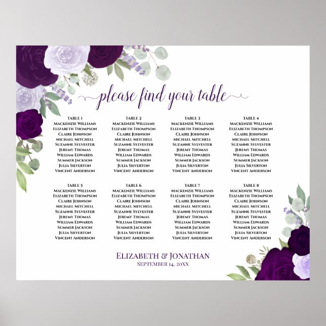 8 TafelLila Rose Elegantes Hochzeitsstift Poster (Vorne)