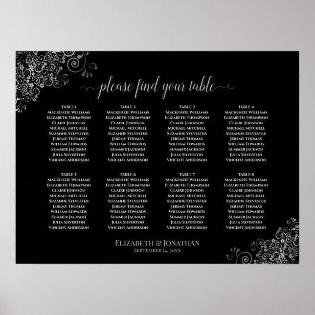 8 Tafelschwarze Hochzeitskronen Silber Frills Poster (Vorne)
