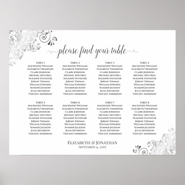 8 Tafelweiße Hochzeitsstatuen Silber Frills Poster (Vorne)