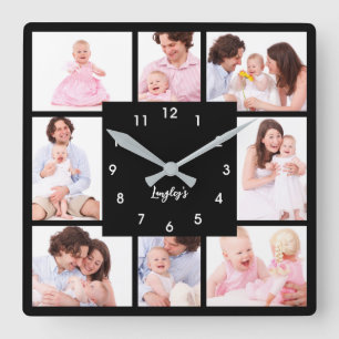 8 Teile Familienfoto im schwarzen Rahmen Quadratische Wanduhr