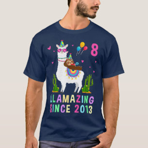 8 Years Old 8th Birthday Sloth Riding Llama Girls T-Shirt