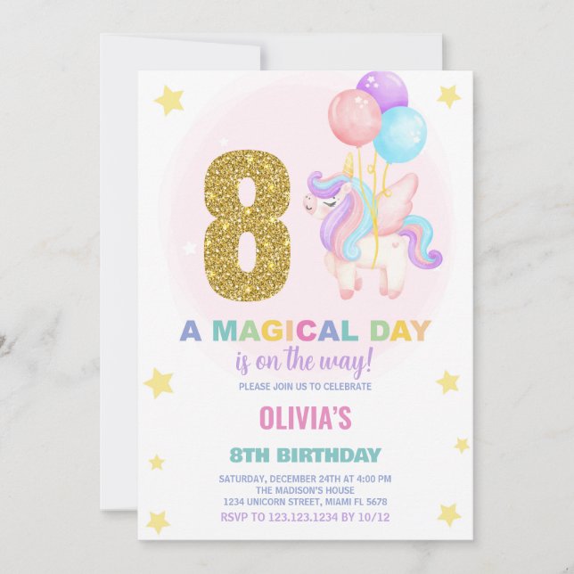 8e anniversaire Unicorn Anniversaire Invitations (Devant)