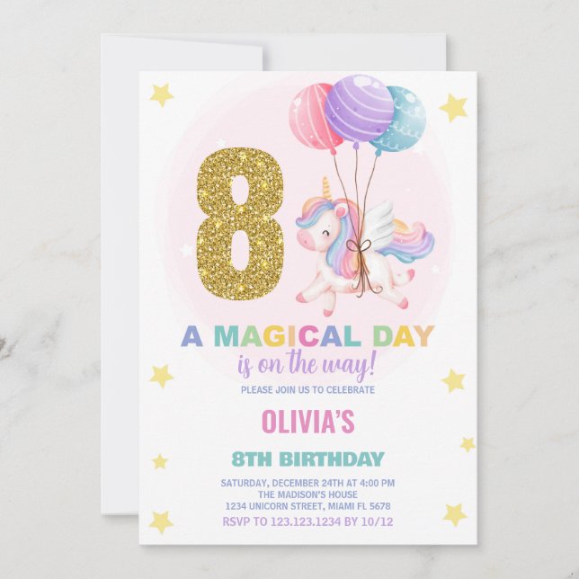 8e anniversaire Unicorn Anniversaire Invitations (Devant)