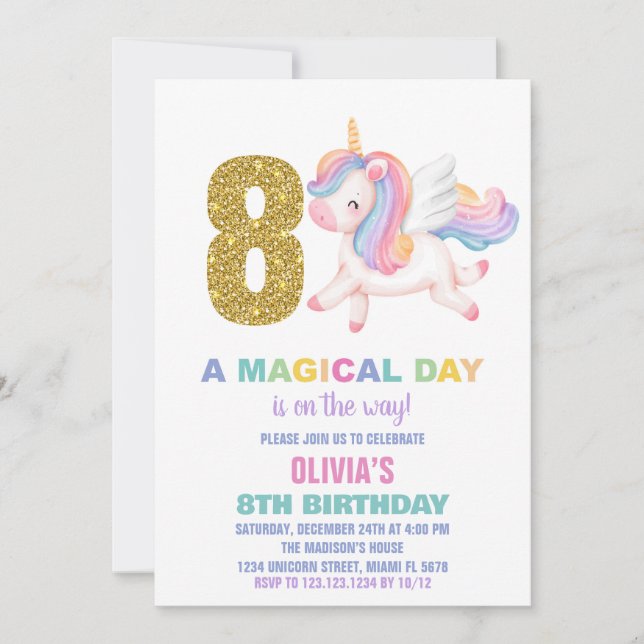 8e Rainbow Unicorn Invitations d'anniversaire (Devant)