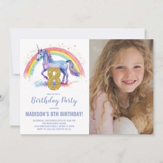 8ème Rainbow Unicorn Birthday Invitations photo (Devant)