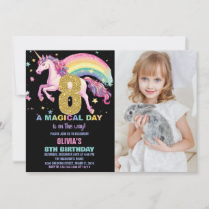 8ème Unicorn Invitations Anniversaire Noir avec ph