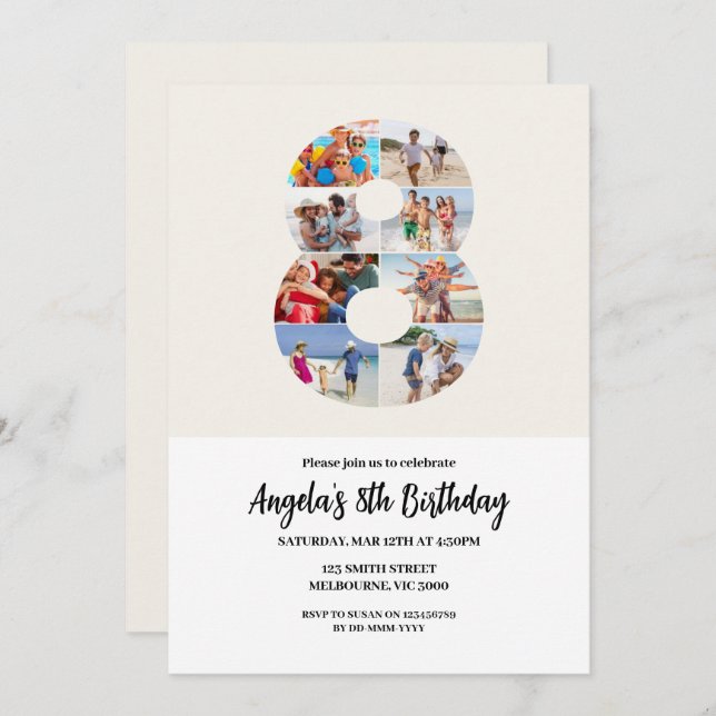 8th Birthday Invitation Minimalist - Number 8 (Devant / Derrière)