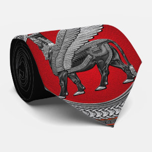 [900] Assyrian Winged Bull: Silver & Black Lamassu Krawatte