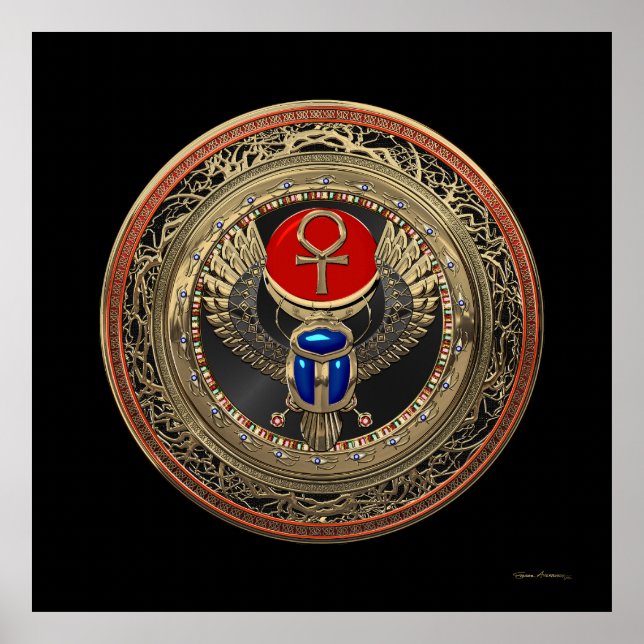 [901] Sacred Gold Egyptian Winged Scarab mit Ankh Poster (Vorne)