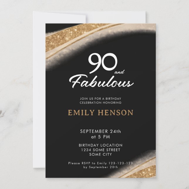 90 and Fabulous Black Gold Birthday Einladung (Vorderseite)