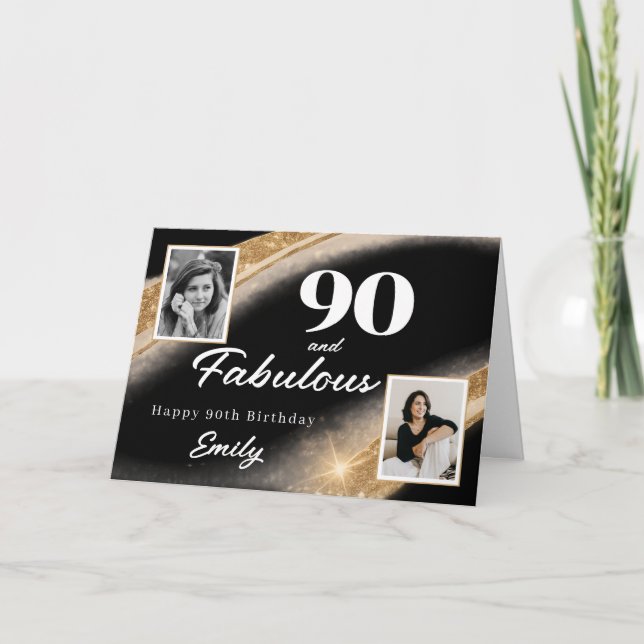 90 and Fabulous Black Gold Photo 90th Birthday Karte (Vorderseite)