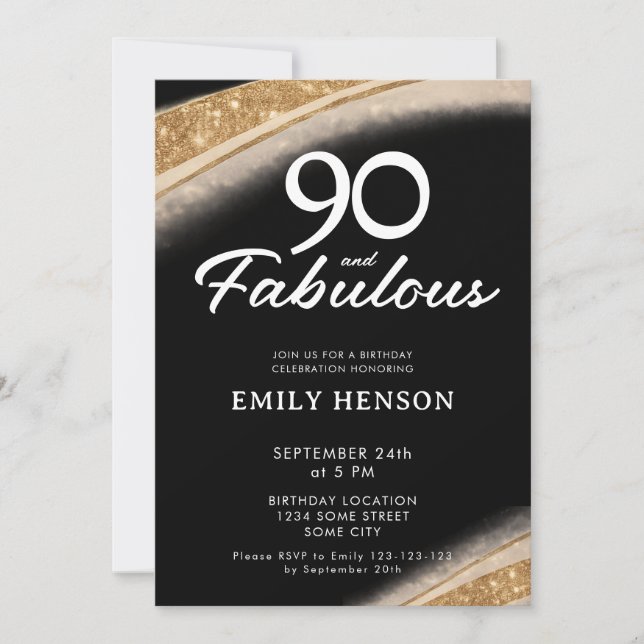 90 and Fabulous Bold Black Gold Birthday Einladung (Vorderseite)