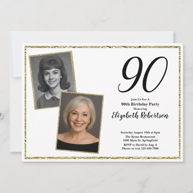 90. Custom Foto White and Gold Einladung (Vorderseite)