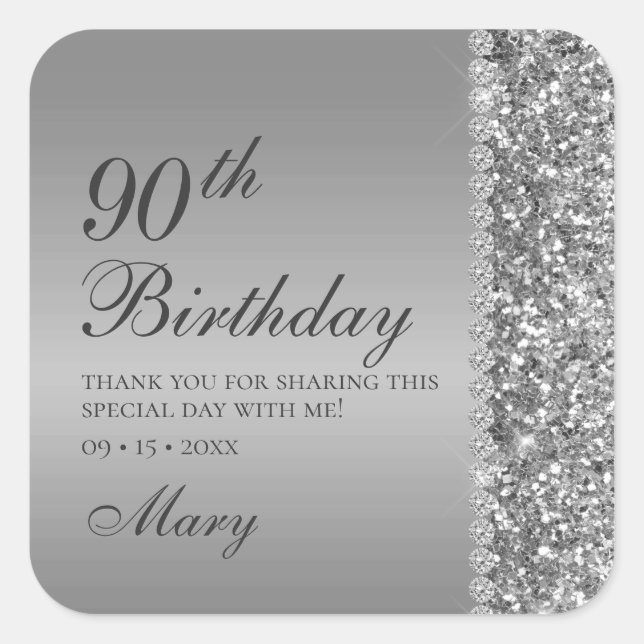 90. Elegant Silver Birthday Quadratischer Aufkleber (Vorderseite)