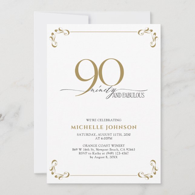 90 & Fabulous Black White & Gold Birthday Einladung (Vorderseite)