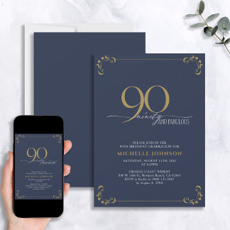 90 & Fabulous Blue & Gold Calligraphie Geburtstag Einladung