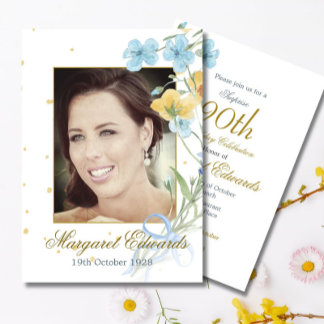 90. Floral Gold Elegantes Foto Geburtstag Einladung