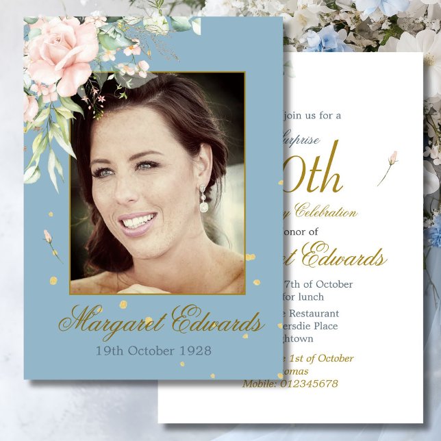 90. Floral Rose Gold Blue Elegantes Foto Geburtsta Einladung (Von Creator hochgeladen)