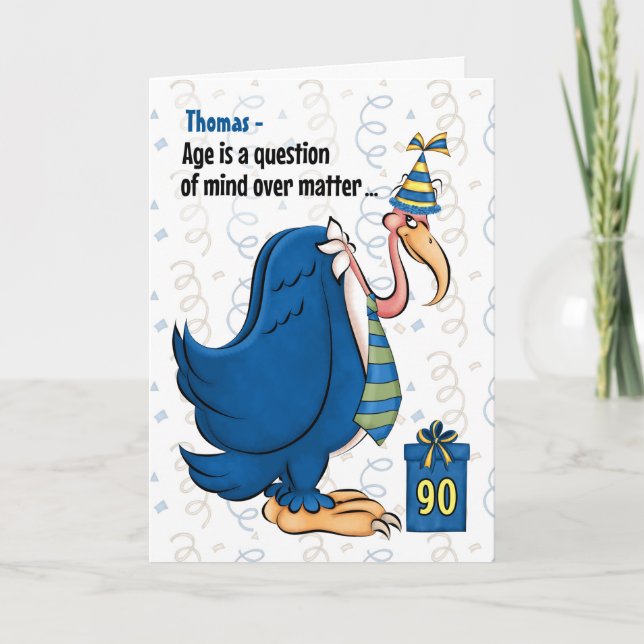 90. Funny Birthday Blue Buzzard mit Namen Karte (Vorderseite)