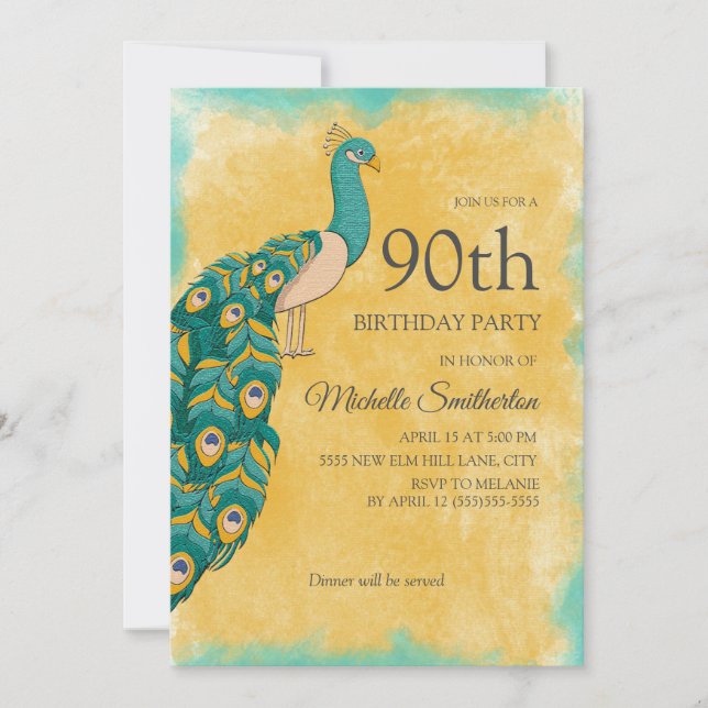 90. Geburtstag Aquamarin Gelbes Wasserfarbenpfau Einladung (Vorderseite)