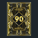 90. Geburtstag Art Deco Gold Black Great Gatsby Einladung<br><div class="desc">Mit diesem einzigartigen Art-Déco-Stil,  Great Gatsby- Design,  das geometrische Formen in hellem Gold auf schwarzem Hintergrund bietet,  laden Sie Ihre Gäste zu Ihrem Geburtstag ein. Ein elegantes,  elegantes,  geschlechtsneutrales Aussehen,  das perfekt zum Feiern dieses besonderen Geburtstags mit dem Jazz-Geschmack der Roaring Zwanziger passt.</div>