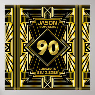 90. Geburtstag Art Deco Gold Black Great Gatsby Poster