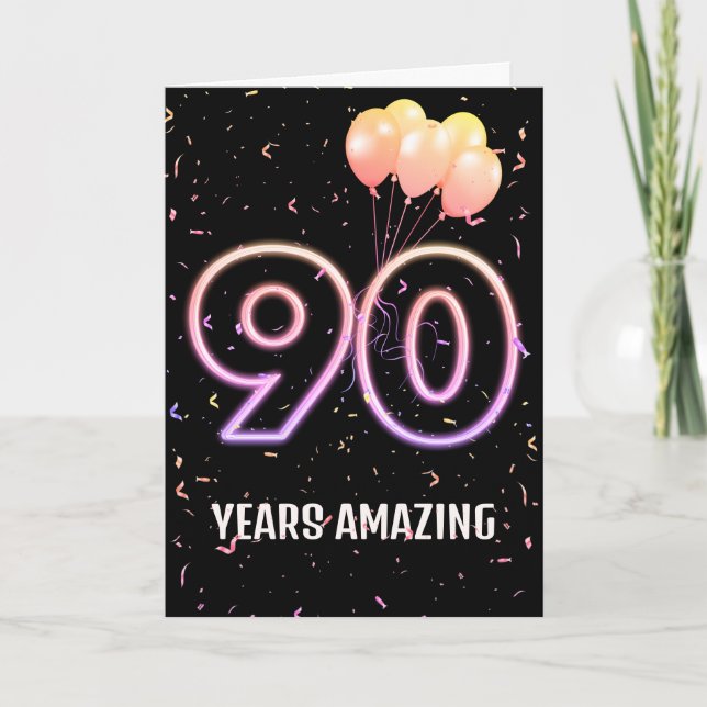 90. Geburtstag Balloons und Confetti Karte (Vorderseite)