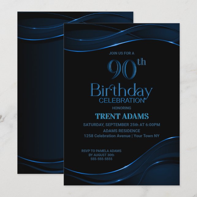 90. Geburtstag Black Blue Party Einladung (Vorne/Hinten)