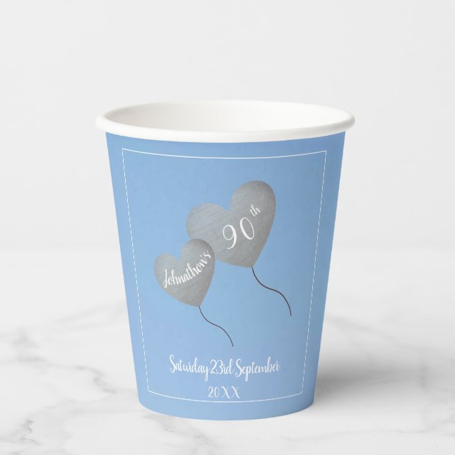 90. Geburtstag blauer Himmel & Silberballon Pappbecher (Vorderseite)