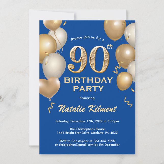 90. Geburtstag Blue and Gold Glitzer Balloons Einladung (Vorderseite)