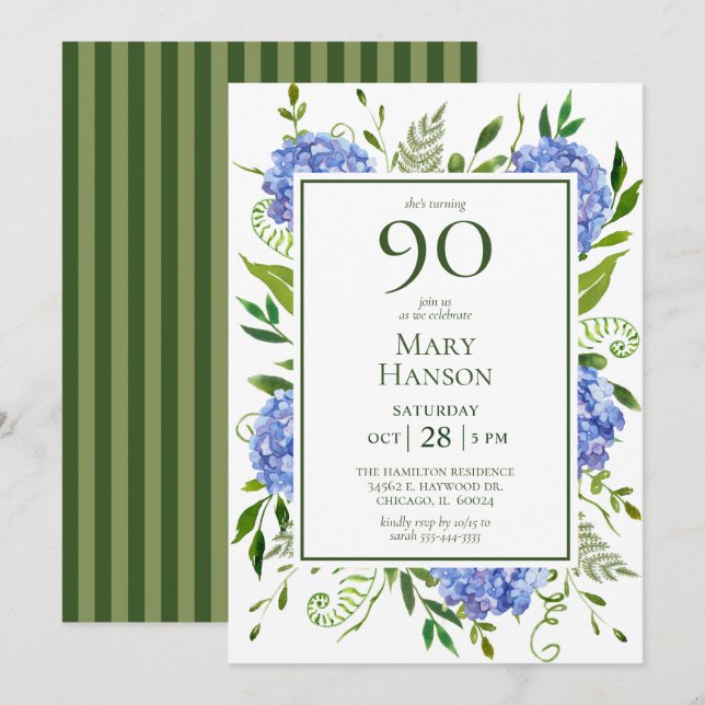 90. Geburtstag Blue Hydrangeas Einladung (Vorne/Hinten)